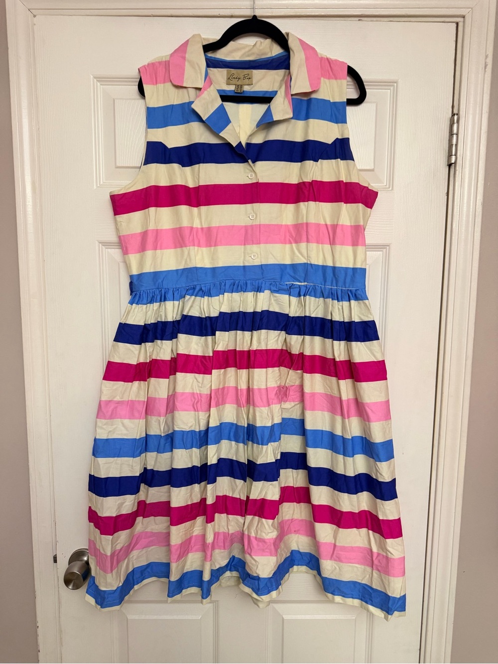 Lindy Bop Striped Sleeveless Collar Dress - Pink, Blue & Cream - Picture 1 of 4